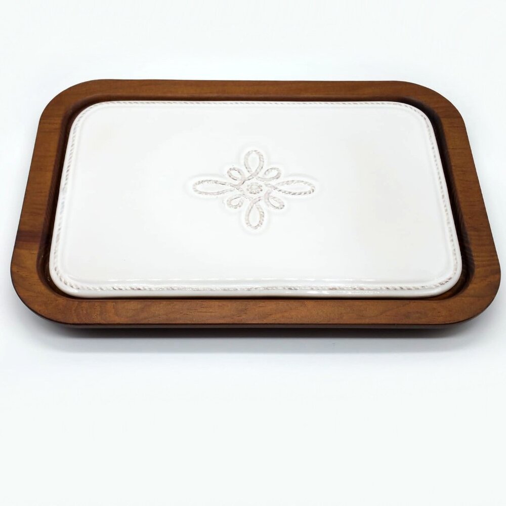 Juliska Jardins Du Monde White Ceramic & Wood Cheese Serving Board 11" x 8.25"
